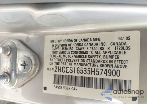 2005 Honda Civic Lx from USA, damaged, VIN 2HGES16535H574900